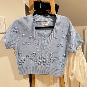 Cistar baby blue cropped sweater shirt with pompoms